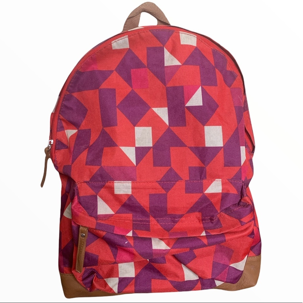 PEACOCKS Geometric Minimalist Y2K Print Zipper Faux Leather Backpack Red Tan OS